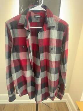 Express Men’s Red, Black & Gray Plaid Button-Down Shirt